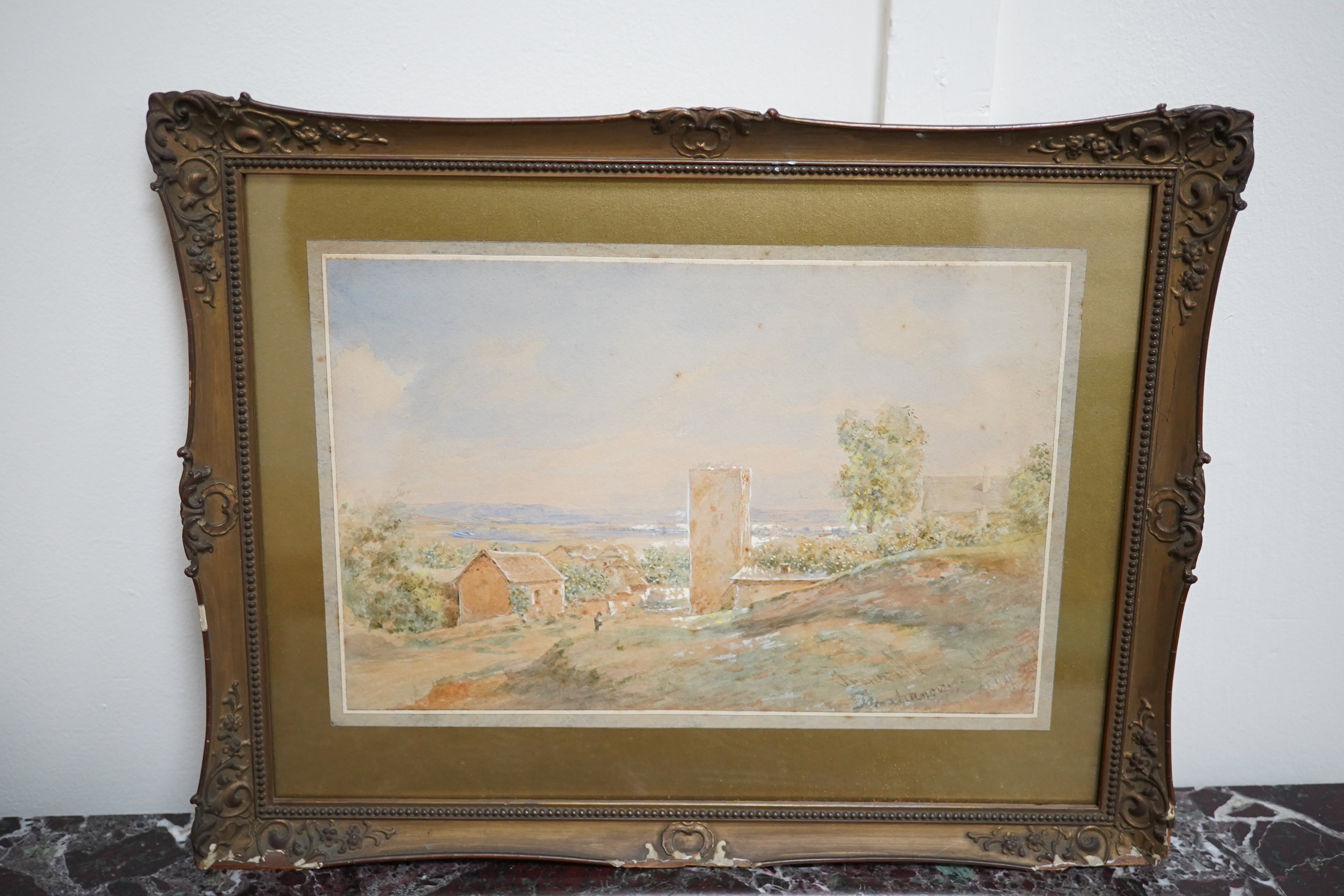 Franz Alt (Austrian, 1821-1914), heightened watercolour, Rural landscape with figure before buildings, signed, 18 x 26cm, ornately framed. Condition - fair